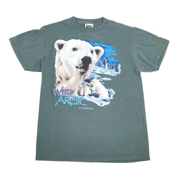 Vintage Other - Vintage 1990s Wild Artic at Sea World Polar Bear Short Sleeve T-Shirt M Teal